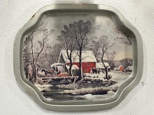 Vintage Currier and Ives Winter Barn Snack Tray - Picture 1 of 2