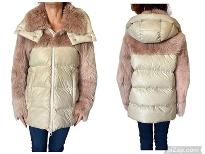 CHAQUETA ABRIGO MUJER DROME BEIGE ACOLCHADO PIEL DE OVEJA CON CAPUCHA ROSA PIEL DE CORDERO PEQUEÑA Foto 1 de 4