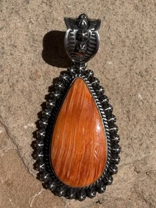 Native American Sterling Silver Orange Spiny Oyster Pendant H Happy Piasso - Picture 1 of 5