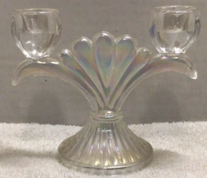 VINTAGE CARNIVAL GLASS DOUBLE TAPER CANDLE STICK HOLDER 4.75 " tall 5.75 " wide - Picture 1 of 7