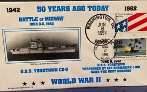 DUAL CANCELS 'BATTLE OF MIDWAY" YORKTOWN TORPEDOED 6/6 & YORKTOWN LOST FDC 8/17 - Picture 1 of 6