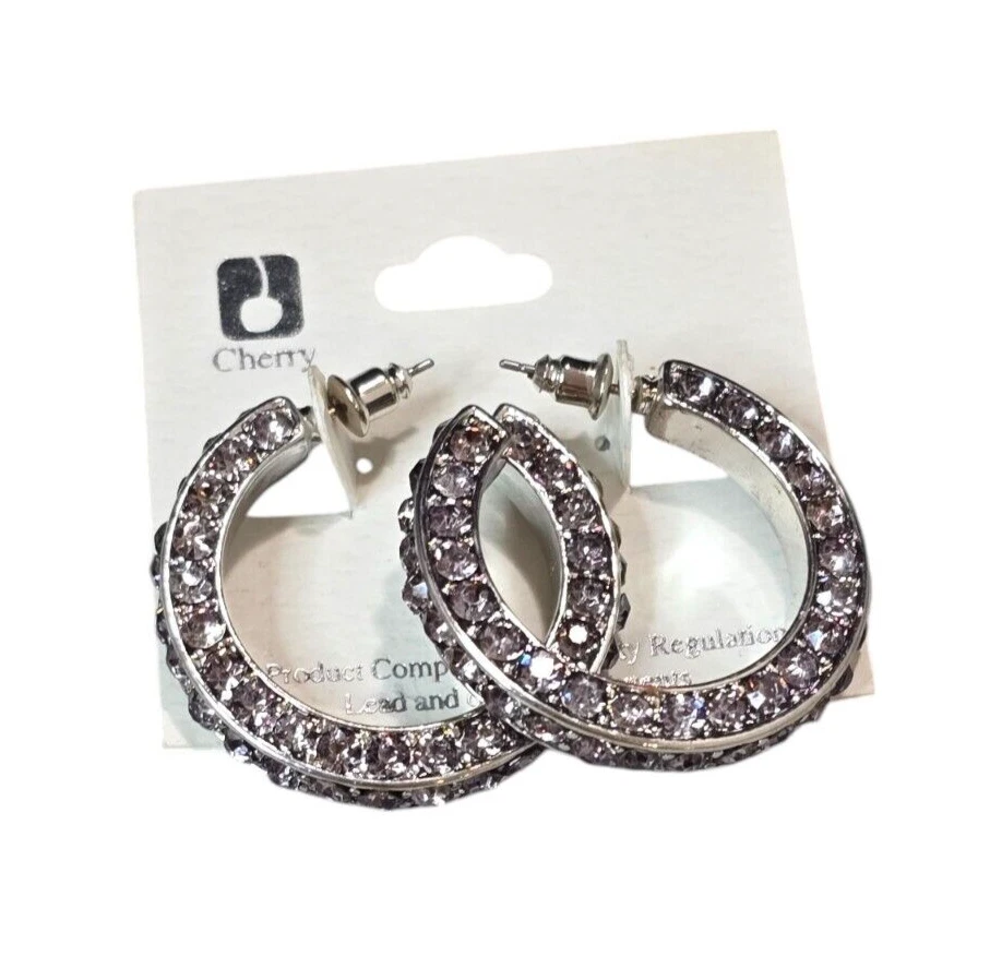 Cherry Trendy女式银色格子灰色水晶穿孔环状耳环全新带标签 — 第 1/3 张图片