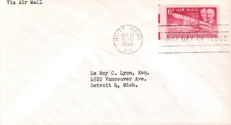 SCOTT#: C45 WRIGHT BROTHERS 6¢ DEC 17 1949 KITTY HAWK NC FIRST DAY COVER FDC BX7 - Image 1 of 1