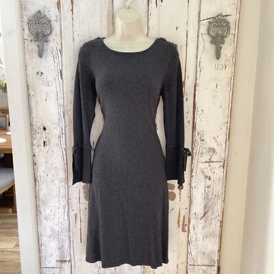 Calvin Klein Sz Small Woman's Gray Long Sleeve Bell Bow Sleeve Knit Sheath Dress - Image 1 of 4