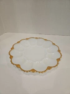 Anchor Hocking Milk Glass Platter VTG Dish White Gold Rimmed Deviled Egg Plate - Picture 1 of 10