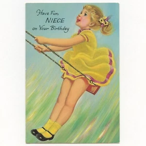 Unbenutzte Vintage Norcross GEBURTSTAGSKARTE FÜR NICHTE, beflockt gelb Kleid Mädchen Swing - Bild 1 von 6