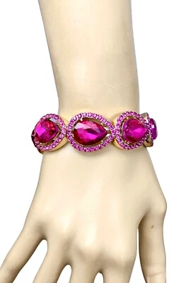 Pulsera clásica de 7/8 de ancho con cristales acrílicos ovalados y diamantes de imitación rosa fucsia Foto 1 de 4