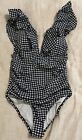 J Crew Black Gingham One Piece Ruffle Ruched Swimsuit Size 12