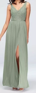 New Davids Bridal Long Lace Mesh Bridesmaid Dress V-Neck Flowy Slit Dusty Sage - Picture 1 of 19
