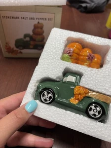 Cracker Barrel Stoneware Salt & Pepper Set Fall Pumpkins & Truck NWT In Box - Picture 1 of 13