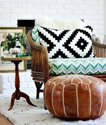 Moroccan Pouf Leather Round Ottoman Footstool Poof Pouffe Seat Stool Tan Hassock - Image 1 of 4