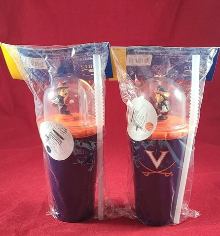 Lot Of 2 UVA Fan Cups Spinning Cavalier Mascot University of Virginia W/Straw Cover