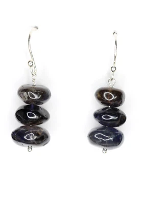 Pendientes de piedras preciosas redondeadas azul oscuro de iolita de 10 mm de plata de ley 925 1 1/4" Foto 1 de 4