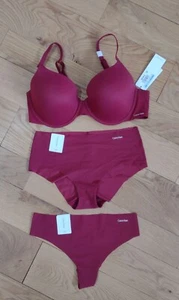 Calvin Klein 36C M 3pc Set Red Perfectly Fit Lined UW Bra Panties & Thong NWT - Picture 1 of 2