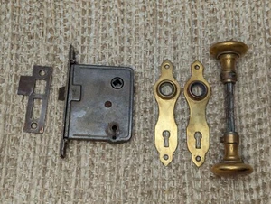 Antique Interior Mortise Lock #2, Brass Door Knobs & Door Knob Plates Set - Picture 1 of 14