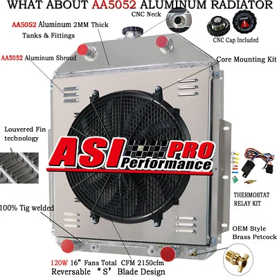 4-ROW RADIATOR+SHROUD FAN FITS 1942~1952 FORD F-SERIES F1 F2 F3 PICKUP CHEVY V8, Foto 1 de 4