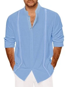 Mens Casual Linen Button Down Long Sleeve Shirts Cuban Guayabera Band Collar ... - Picture 1 of 5