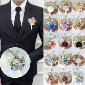 Artificial Rose Flower Groom Boutonniere Corsage Wedding Flower Mens Suit Decor✿ - Picture 1 of 26