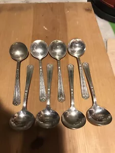8 pc antique vtg set Bouillon/Soup Spoons,silverplate,Engraved JVO on backside - Picture 1 of 7