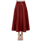 Womens Solid Color High Waist Faux Leather Skirt A Line Long Skirts