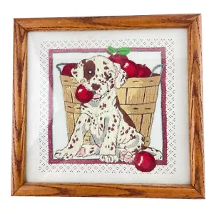 Cuadro acabado crewel cachorro barril de manzanas 10,5" x 11" adorable ladrón de manzanas - Imagen 1 de 3
