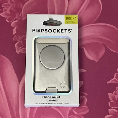 NEW Popsockets Popwallet+ PopGrip Stand MagSafe Aluminum Silver Leather MSRP $50 - Image 1 of 4