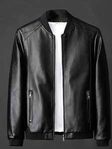 Men's Large Black Faux Leather Bomber Jacket Full Zip Collared Coat With Pockets - Picture 1 of 8