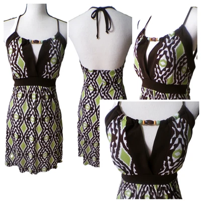 Vestido Halter Y2K Trixxi M Imperio Verde Marrón Blanco Cuentas Madera Bosque Fairycore Foto 1 de 4
