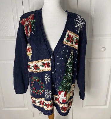 Cárdigan Suéter Vintage Informal Esquina Azul Vacaciones Navidad Grande Tejido Foto 1 de 4