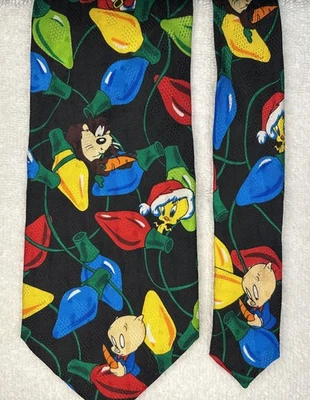 Looney Tunes VTG 1995 Hand Made Necktie 100% Silk Black Christmas Lights - Изображение 1 из 4