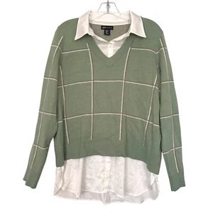 Jones New York Womens V-Neck Check Knit Jumper With Attached Shirt Preppy XL - Picture 1 of 11