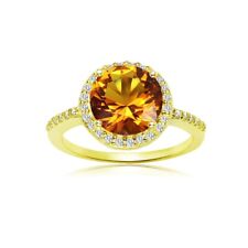Round Halo Simulated Citrine & Cubic Zirconia Ring in Gold Plated Silver, Size 5