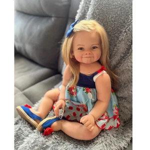28in Painted Reborn Baby Doll Cute Toddler Girl Rooted Long Hair Cloth Body Gift - Picture 1 of 3