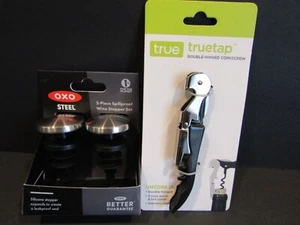 OXO 2 Piece Spillproof Wine Stopper Set And TRU TruTap Double Hinged Corkscrew - Picture 1 of 7