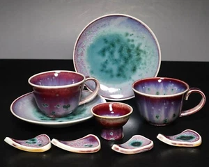 MATSUYAMA GAEI 2 Cups Saucers & Sake cup & 4 Spoon rest Japanese Peacock glaze - Picture 1 of 11