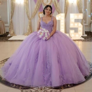 Lavender Quinceanera Dresses Glitter Beaded Sweet 16 3D Flowers Prom Ball Gowns - Picture 1 of 9