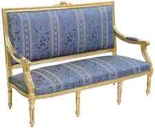 Settee, Sofa, Salon, Louis XVI Style Upholstered, Blue, Crest. Vintage / Antique