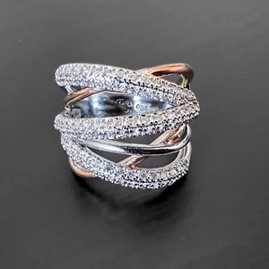 Tall Criss Cross Two Tone Sterling Silver Plate White Lab-Created Sapphire Ring - Picture 1 of 5