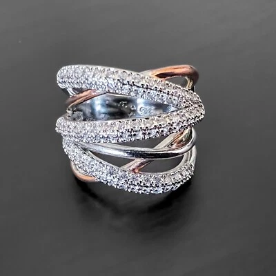 Tall Criss Cross Two Tone Sterling Silver Plate White Lab-Created Sapphire Ring - Image 1 of 4