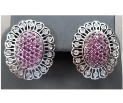 Multi Shade of Pink Sapphires & Lab-Created White Diamonds Flower Stud Earrings - Image 1 of 4