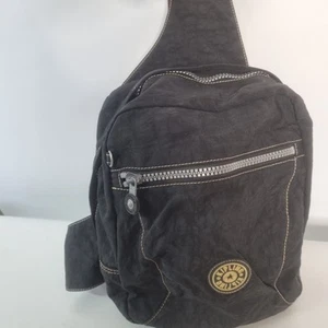 Vintage KIPLING Sling Bag Crinkle Black Nylon Backpack Crossbody Y2K Purse - Picture 1 of 10