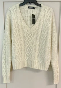 NWT Womens Ralph Lauren Black Label V Neck Cable Knit Sweater Winter Cream SZ M  - Picture 1 of 15