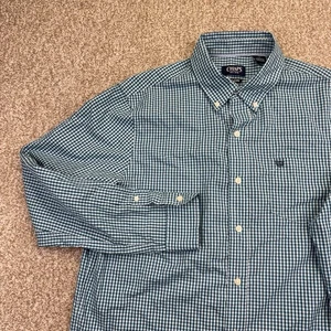 Chaps Button Down Shirt Mens Size Blue Teal Check Long Sleeve Easy Care - Picture 1 of 16