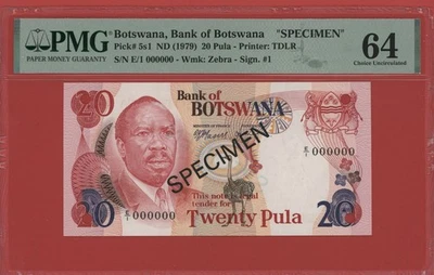BOTSWANA  SPECIMEN 20 PULA  ( 1979 )  PICK # 5s1  PMG 64 CHOICE UNCIRCULATED. - Image 1 of 2