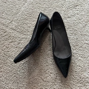 Stuart Weitzman Black Patent Leather Textured Pointed Toe Heels Women’s Size 6 - Picture 1 of 14