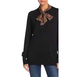 14th & Union Leopard Attached-Tie Pullover Sweater Crew Neck Black Womens 3X NWT - Picture 1 of 11