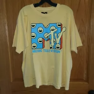 MTV Women's Graphic T-Shirt Yellow Smiley Faces Distressed Ripped Size L NWT - Picture 1 of 9