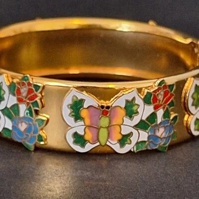 Pulsera Brazalete Articulado Mariposa Esmalte Cloisonné con Flores Cadena de Seguridad Foto 1 de 4