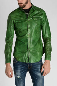 Men's Authentic Lambskin Leather Premium Shirt Stylish Soft Green shirt -MS06