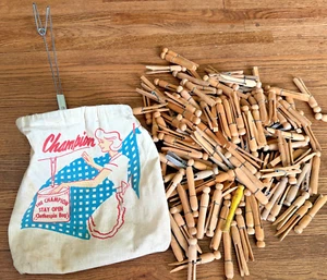 Vintage 50s Champion Clothespin Clothes Pin Laundry Bag Hanger & 3lbs of Pins! - Picture 1 of 14